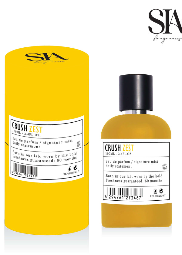 Apa de parfum CRUSH ZEST cu note citrice și florale, sticlă galbenă de lux lângă cutie cilindrică, brand SIA Fragrances