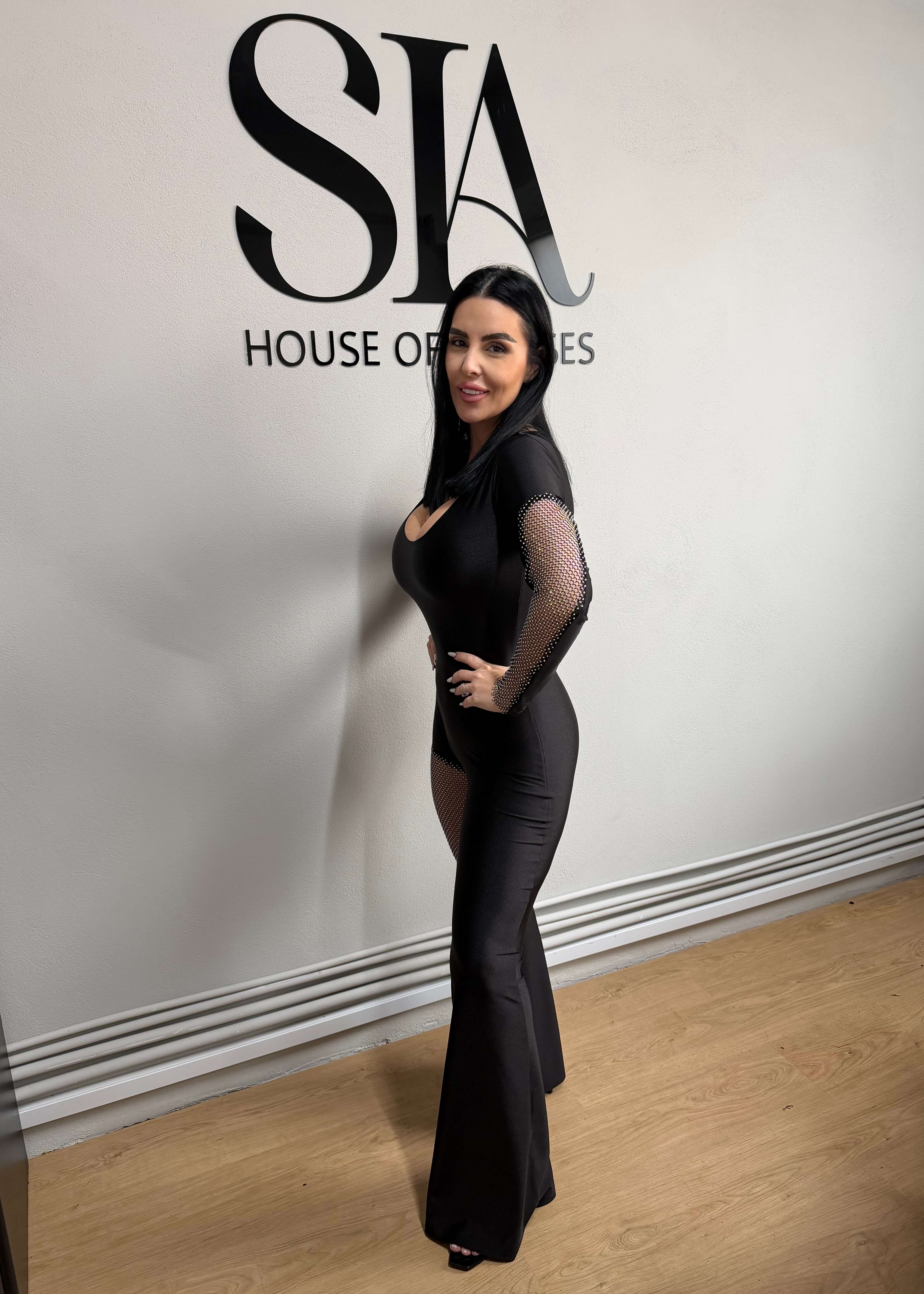 Salopetă neagră din lycra cu inserții din plasă strălucitoare - "GLAMOROUS" jumpsuit Secondary image