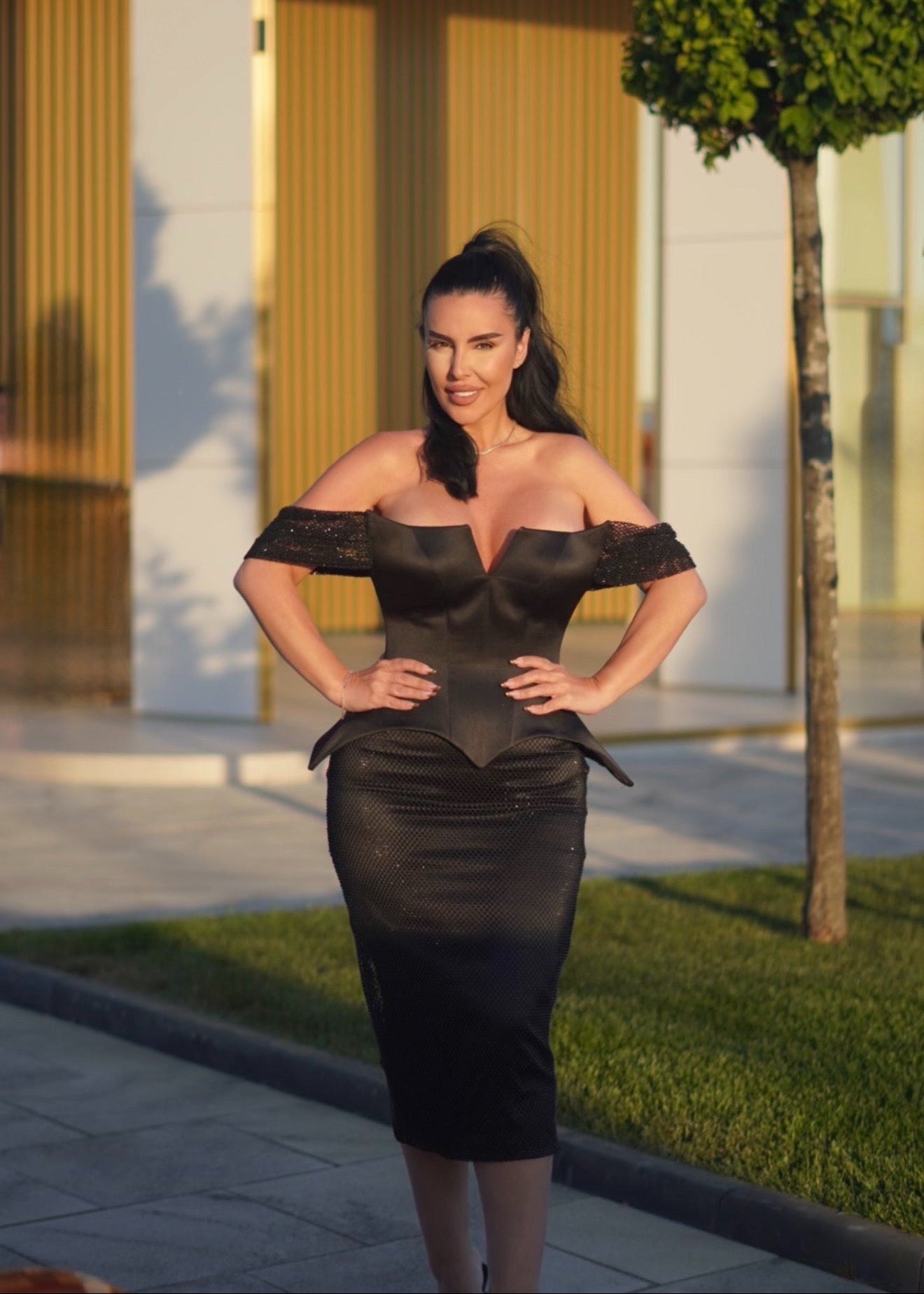 Domina – Rochie midi cu corset din tafta și plasă cu cristale Secondary image