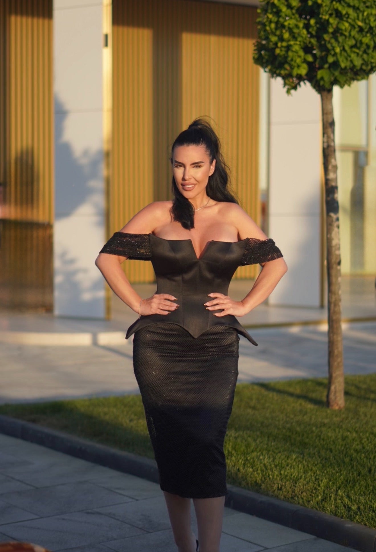Domina – Rochie midi cu corset din tafta și plasă cu cristale Main image