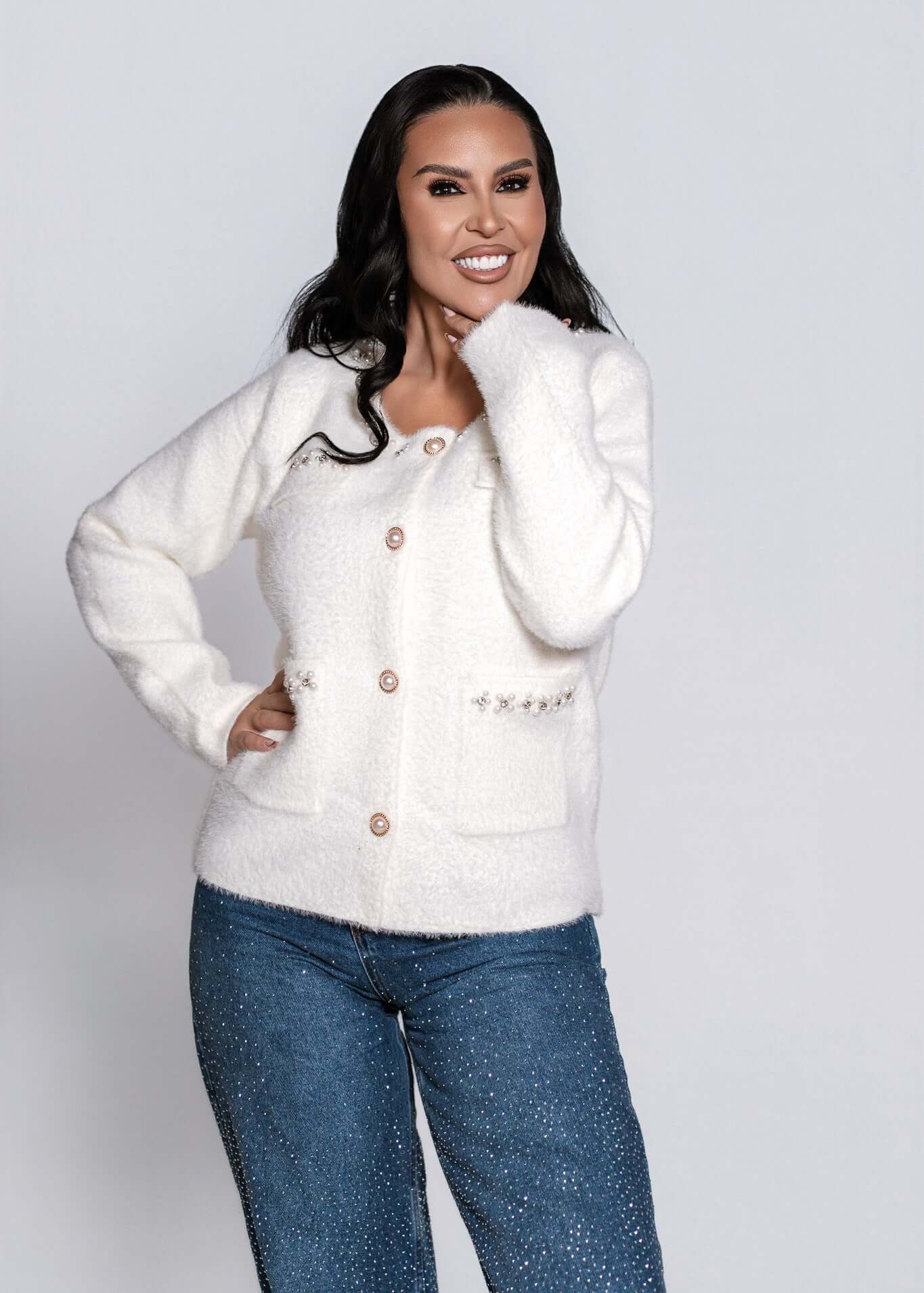 Cardigan cu textură moale, perle și cristale aplicate - "PEARL GLOW" Secondary image