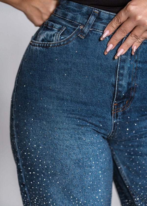 Blugi talie înaltă CRYSTAL DENIM, denim albastru cu cristale strălucitoare, croială ușor evazată, detaliu lateral