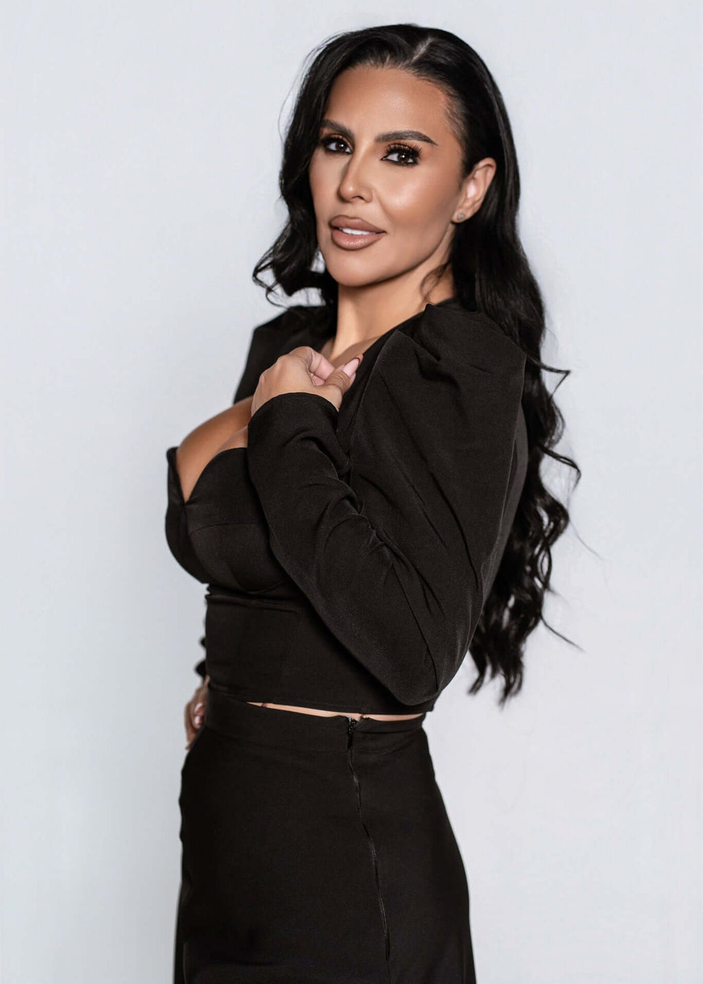 Top negru SIA Aura, croială tip corset cu push-up natural, modelând silueta feminină, Top elegant din stofă elastică pentru ținute chic