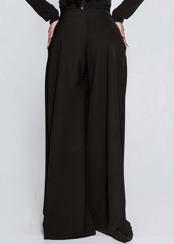 Pantaloni SIA Wide Pants tip palazzo, talie înaltă și croială amplă, eleganți, negri, vedere spate