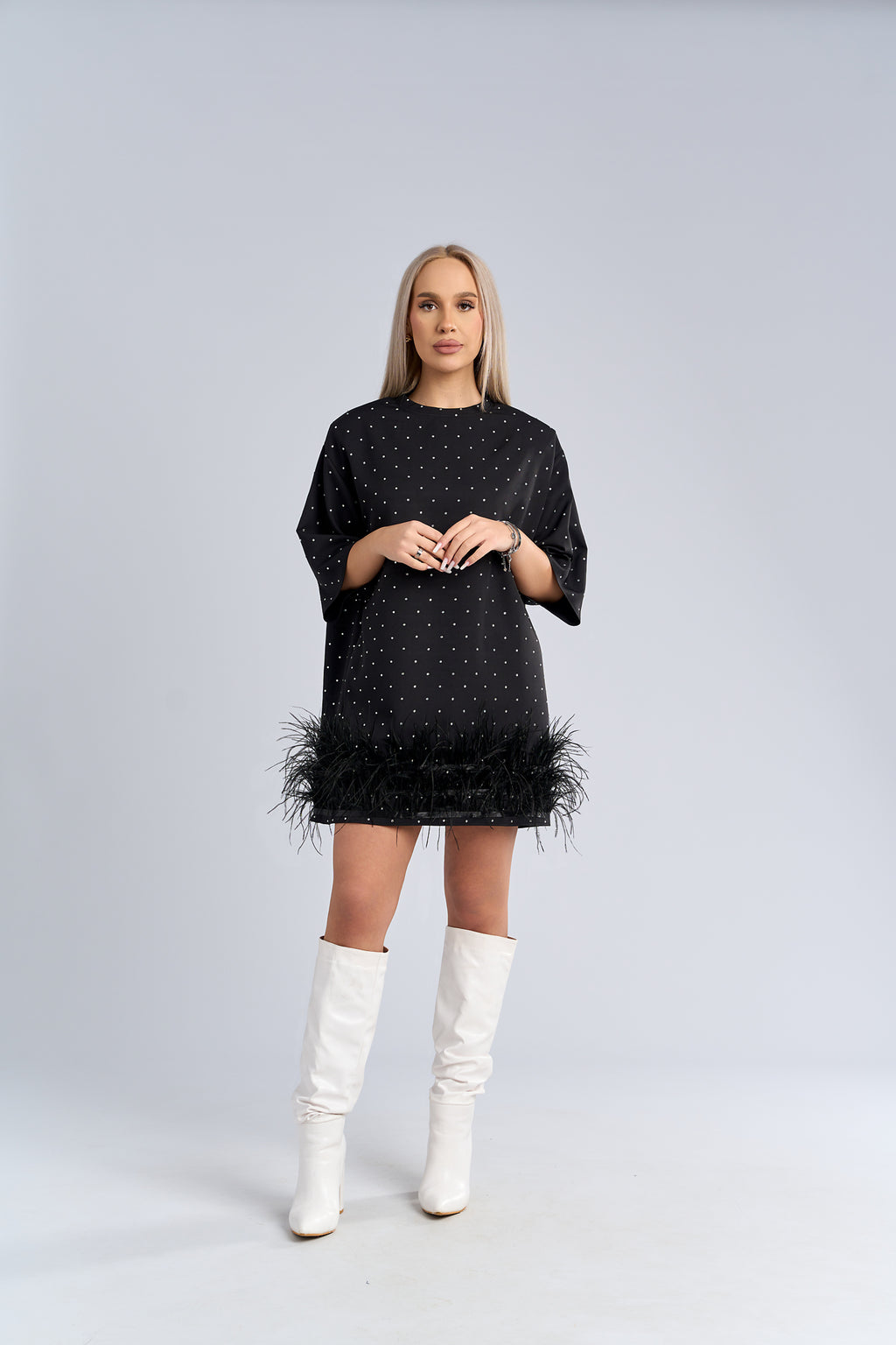 Tricou tip rochie cu pene statement - "FEATHER LOVE" Tee Dress