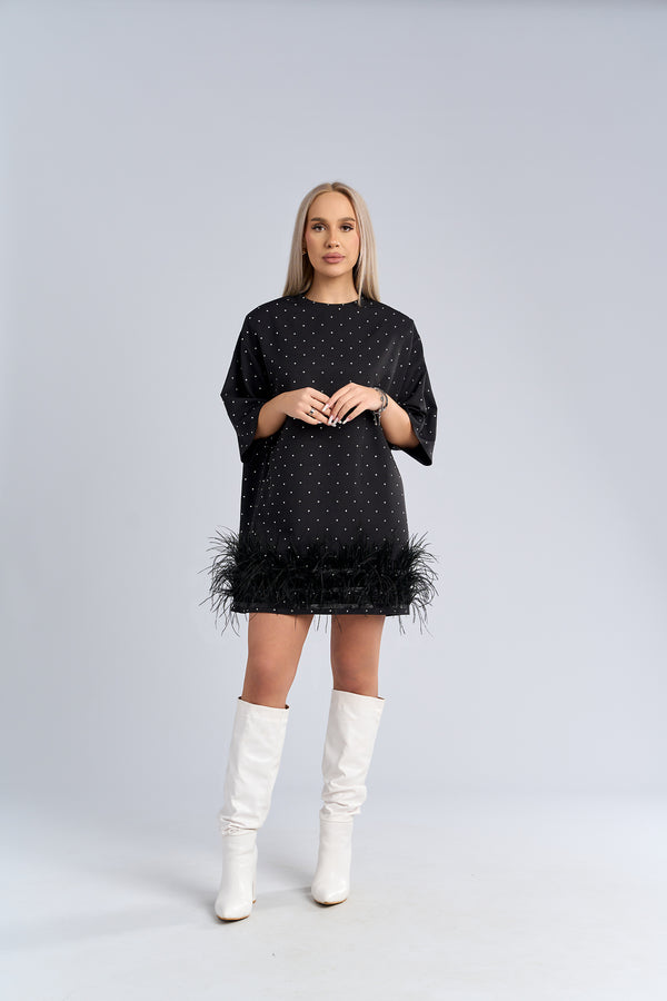 Tricou tip rochie cu pene statement - "FEATHER LOVE" Tee Dress