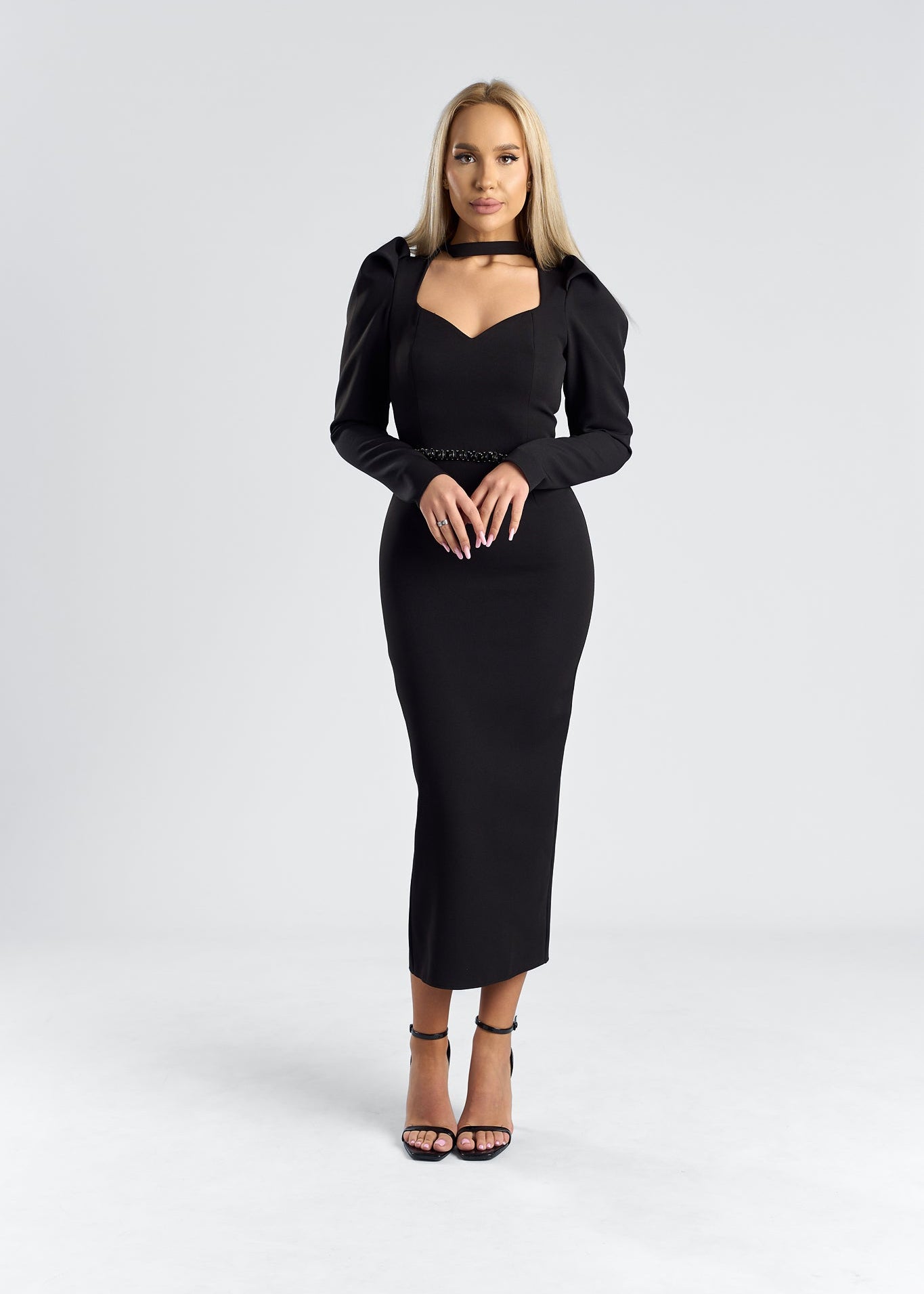 Rochie midi cu umeri accentuați & talie accesorizata - "CRYSTAL AURA" Secondary image