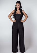 Compleu Bling Miray – set 3 piese lycra cu cristale, bustieră și pantaloni evazați eleganți, model negru pentru ocazii speciale