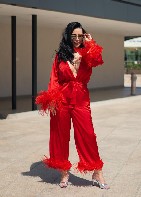 Costum satin mătase cu pene Zeyna