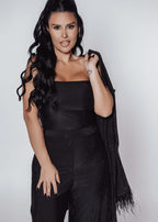 Compleu Bling Miray set 3 piese lycra cu cristale, bustieră și pantaloni eleganți negri, model femeie modernă