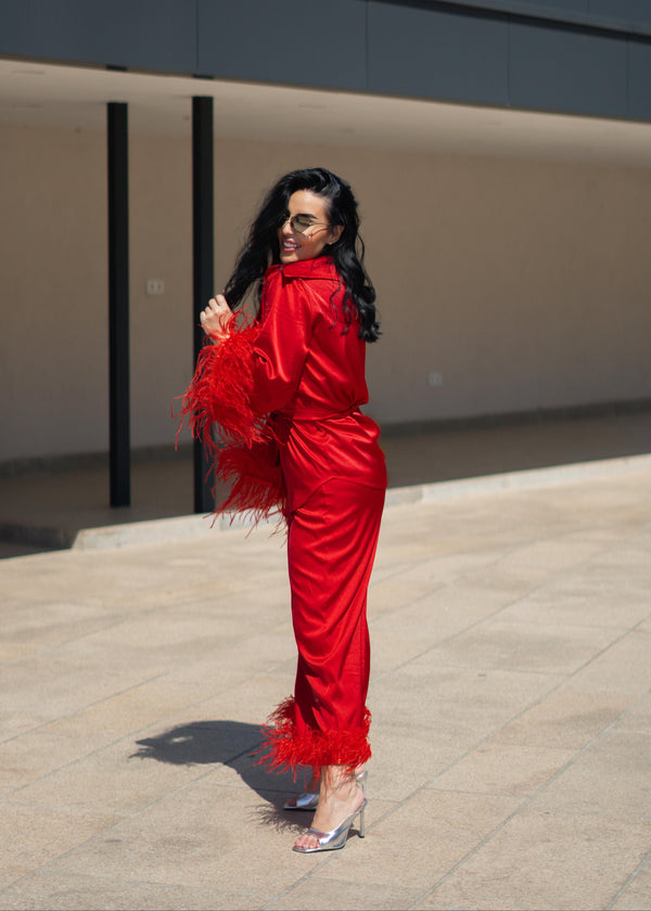 Costum satin mătase cu pene Zeyna