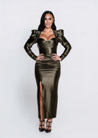 Rochie LUNEVA midi din lycra premium dens, kaki, cu umeri structurați și deschidere pe picior, look spectaculos elegant