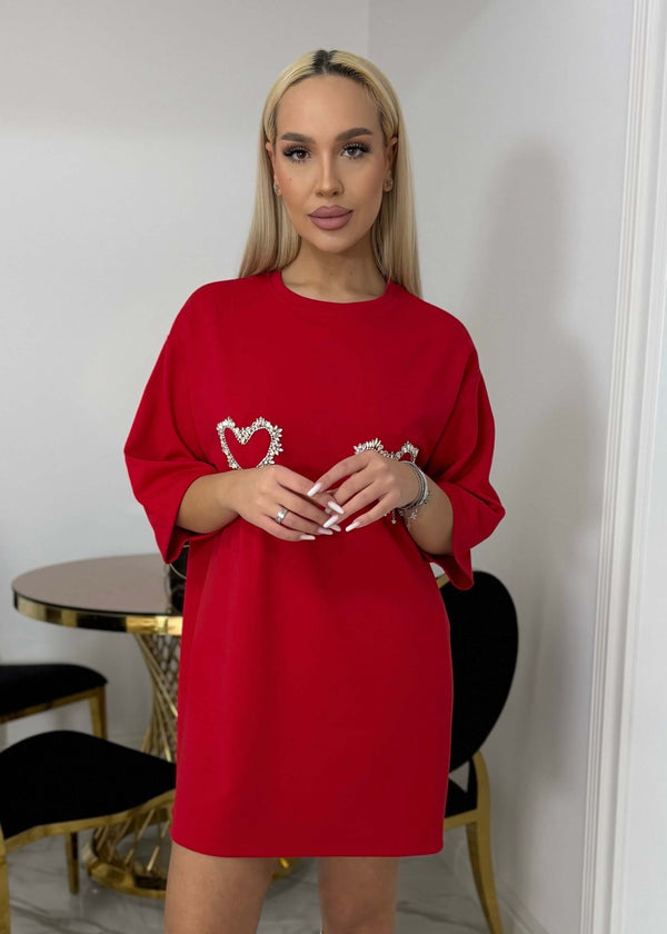 Sia Rochie tip tricou cu inimioare din cristale "LOVE SIA", roșie, lejeră și modernă