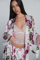 3-piece pajama set with lace and satin – top, shorts and robe