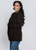 Sacou SIA CLASSIC, croială dreaptă ușor oversize, negru, purtat cu jeansi, stil office casual chic pentru femei