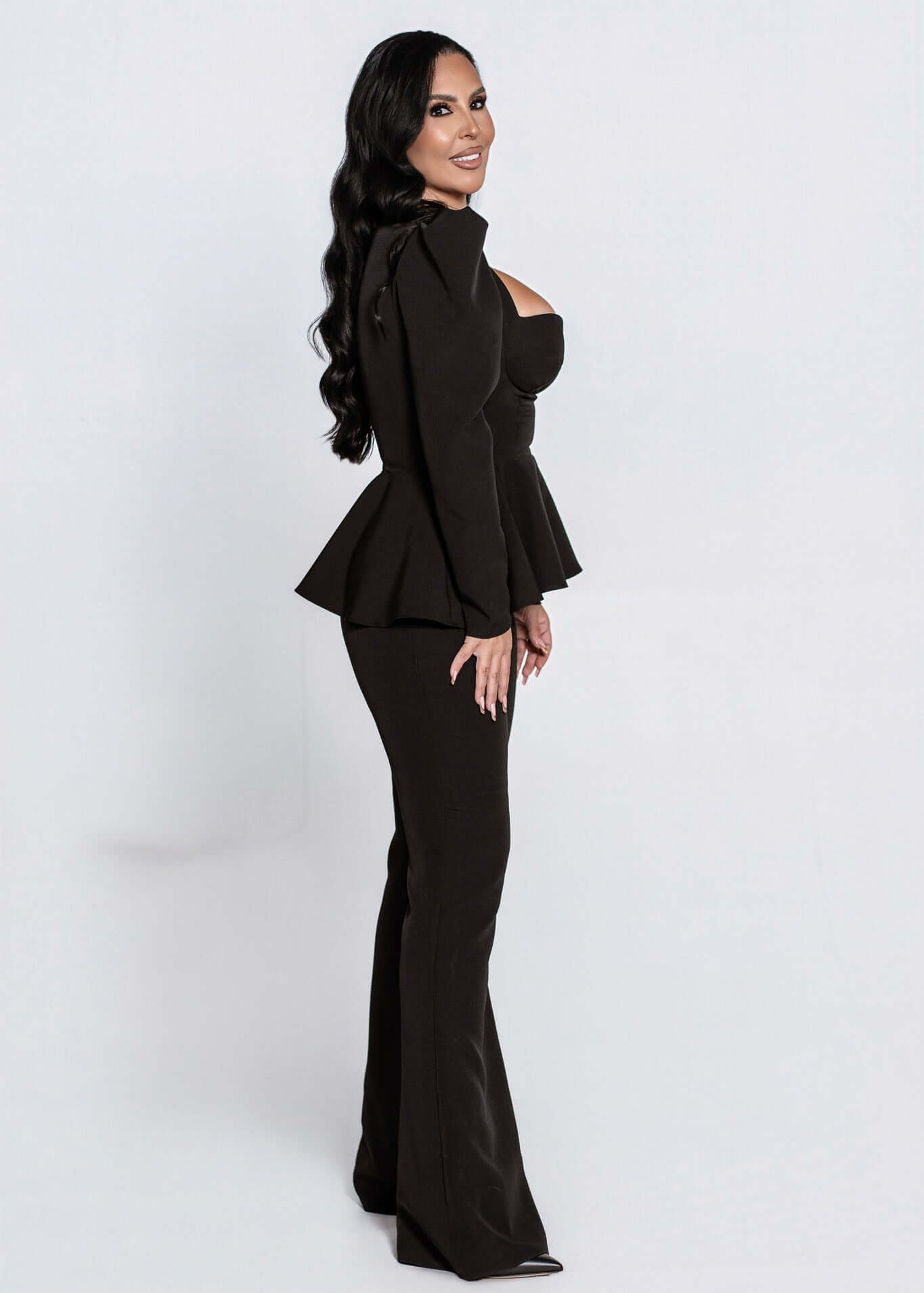 Pantaloni SIA Contour talie înaltă, croi conic și evazat, pantaloni eleganți negri pentru ținute office sau de seară