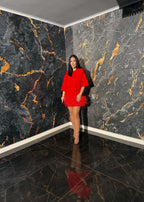 Tricou tip rochie cu pene statement "FEATHER LOVE" în nuanță roșie, pe un fundal elegant