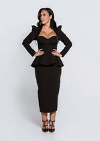 Corset SIA Empress Top negru, cu umeri structurați și talie peplum, ținută elegantă midi pentru ocazii speciale