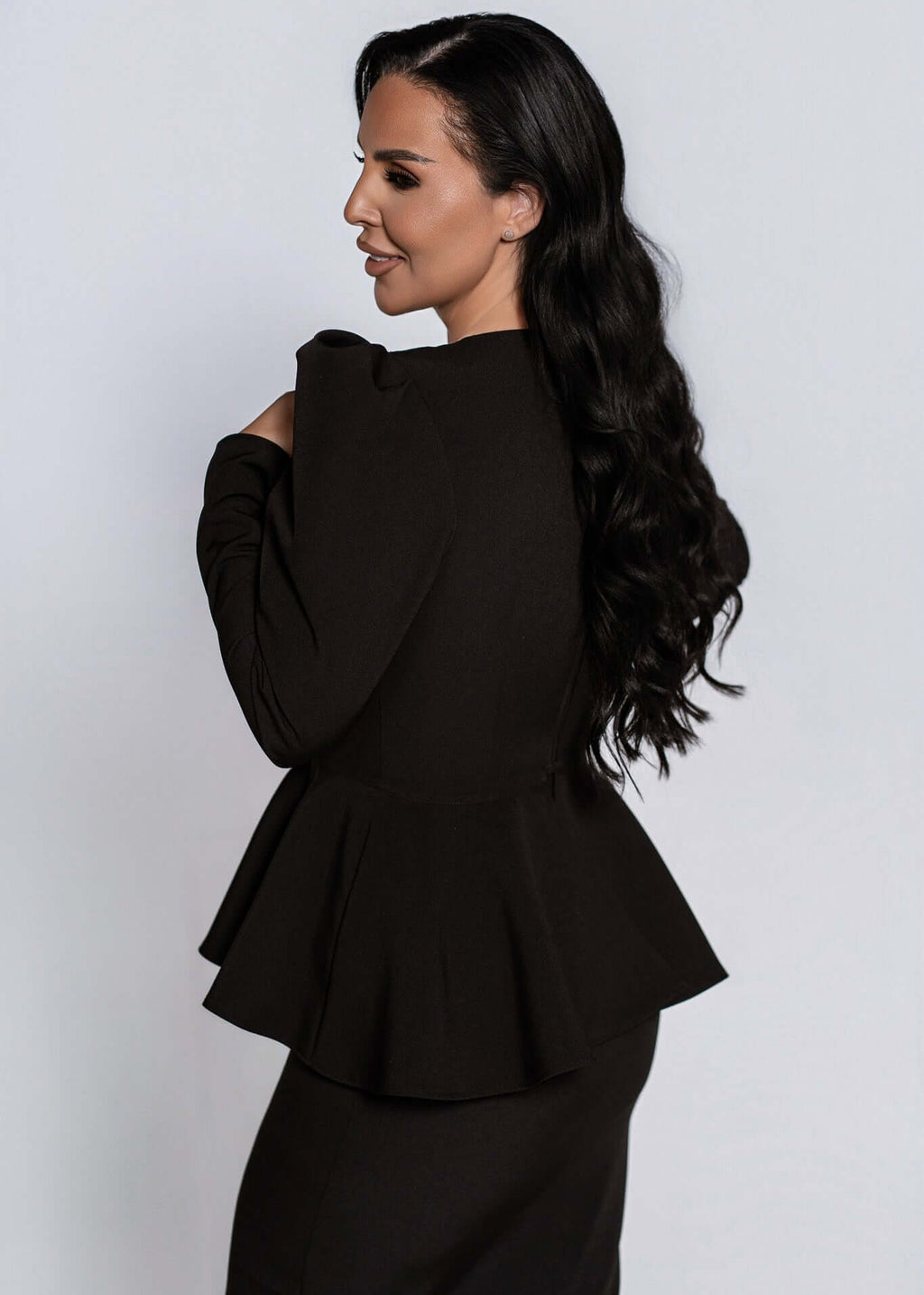 Corset SIA Empress Top negru cu umeri structurați și peplum, vedere din spate, accent pe talie elegantă