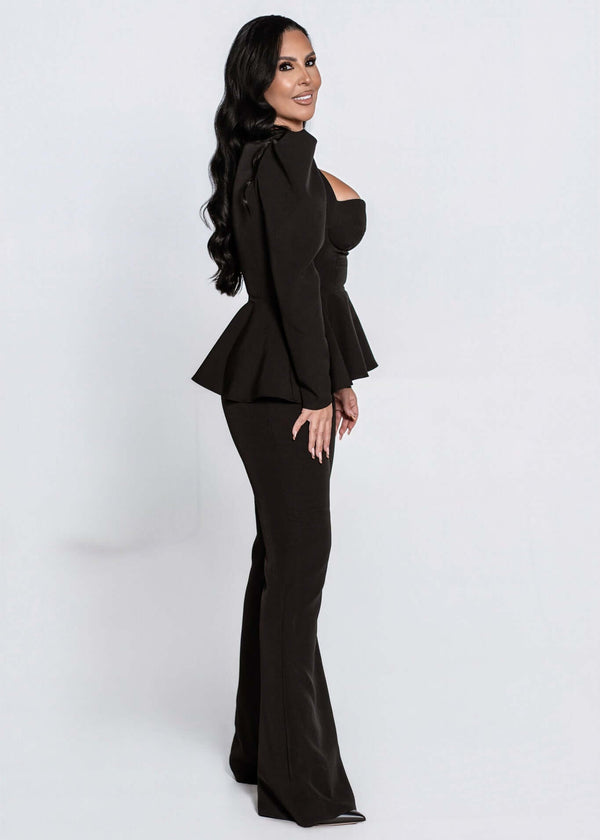 Corset SIA Empress Top negru cu umeri structurați și peplum, vedere laterală, top elegant cu susținere bust integrată