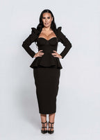 Rochie Sculpt Midi tip creion neagră, stofă elastică, lungime midi cu slit la spate, ținută elegantă office pentru femei