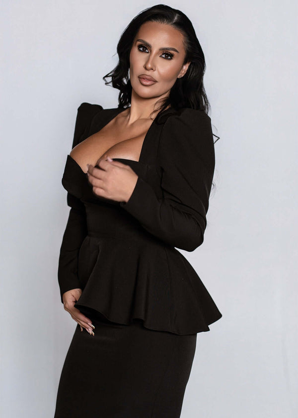 Rochie Sculpt Midi neagră, tip creion, din stofă elastică, midi cu slit la spate, stil office elegant