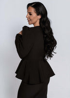 Rochie Sculpt Midi tip creion, din stofă elastică neagră, vedere din spate cu peplum elegant și croi midi cu slit la spate