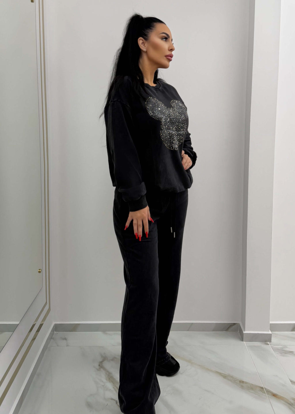Trening modern luxury casual din 2 piese Mickey Sparkle cu aplicație strălucitoare, model damă negru, ținută comfy chic