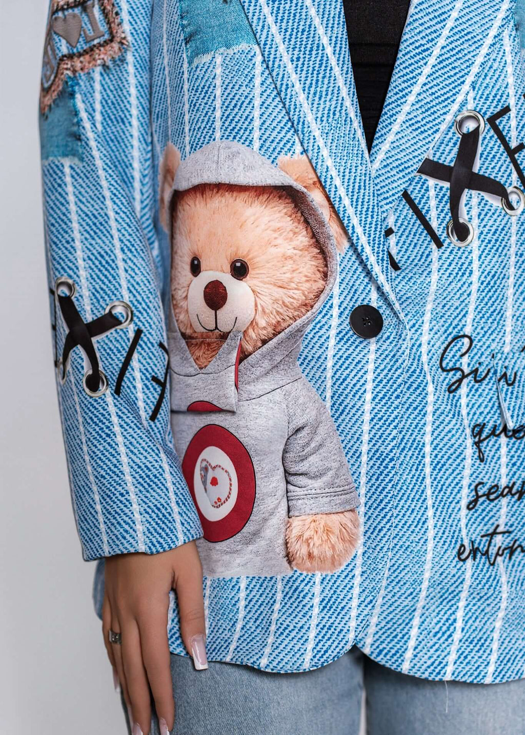 Sacou SIA oversize albastru cu imprimeu grafic TEDDY 3D, jachetă casual cu ursuleț pentru ținute urbane