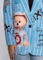 Sacou SIA oversize albastru cu imprimeu grafic TEDDY 3D, jachetă casual cu ursuleț pentru ținute urbane