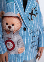 Sacou SIA oversize albastru cu imprimeu grafic TEDDY 3D, ursuleț pe față, sacou casual urban pentru femei