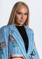 Sacou SIA usor oversize TEDDY cu imprimeu grafic albastru, tinuta feminina urbana stilata