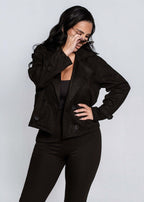 Jacheta piele întoarsă sintetică scurtă tip trench URBAN JACKET neagră, model femei, vedere frontală