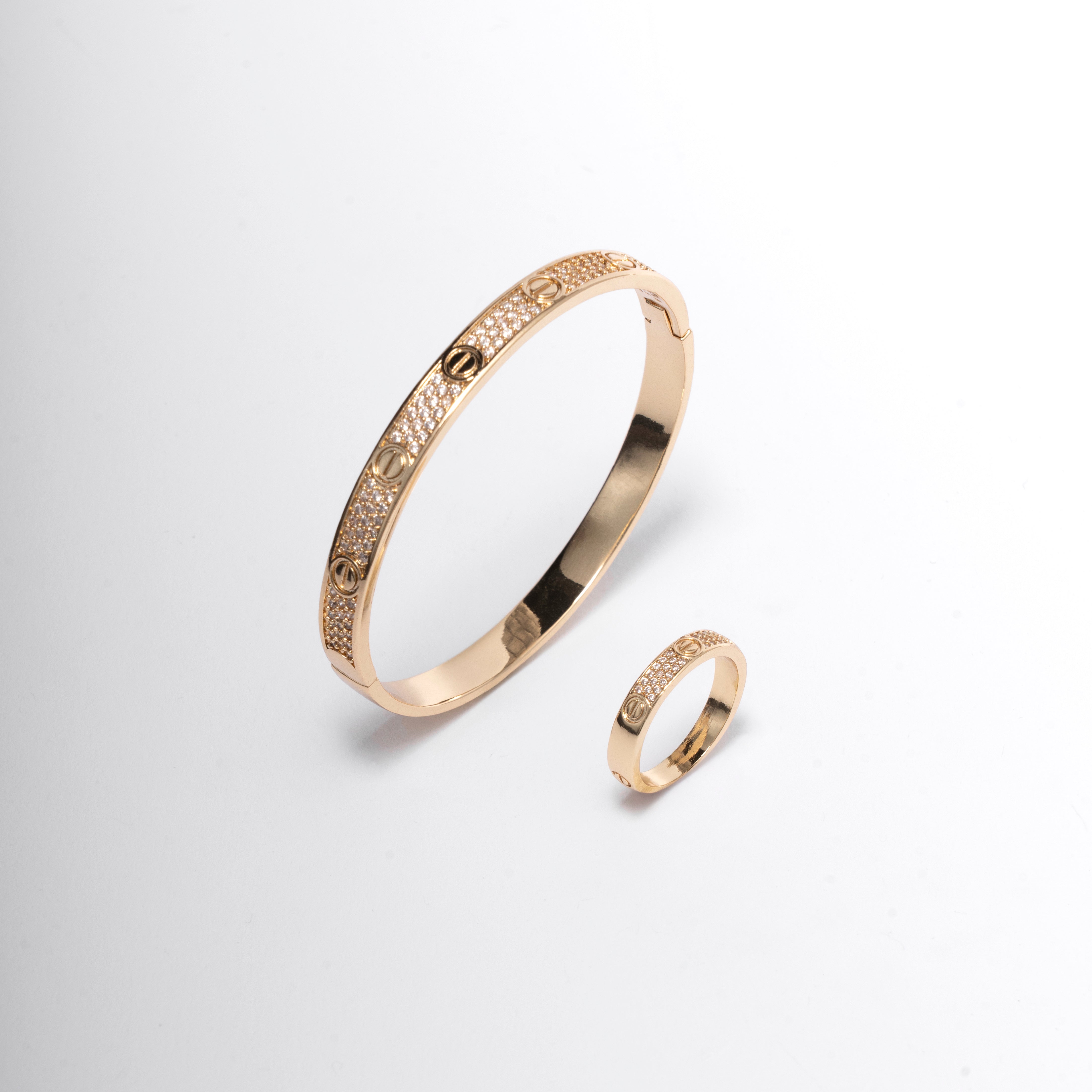 Unisex bracelet and ring set with crystals – screw luxury model | silver / gold