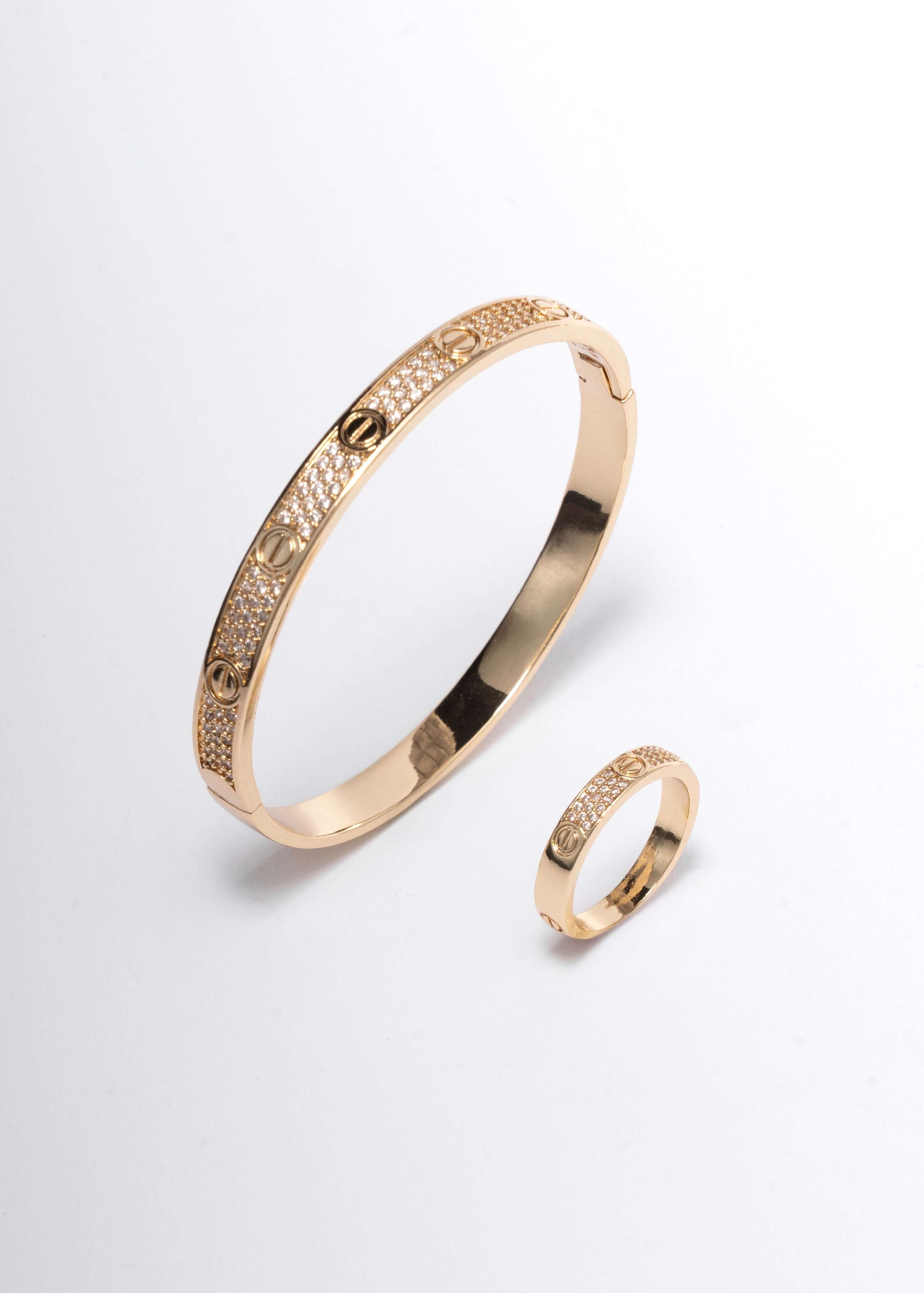 Unisex bracelet and ring set with crystals – screw luxury model | silver / gold Secondary image