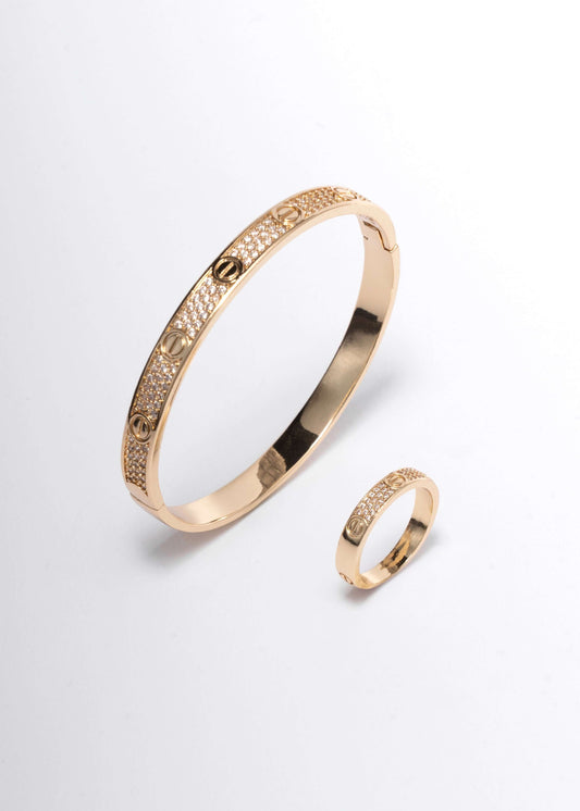 Unisex bracelet and ring set with crystals – screw luxury model | silver / gold
