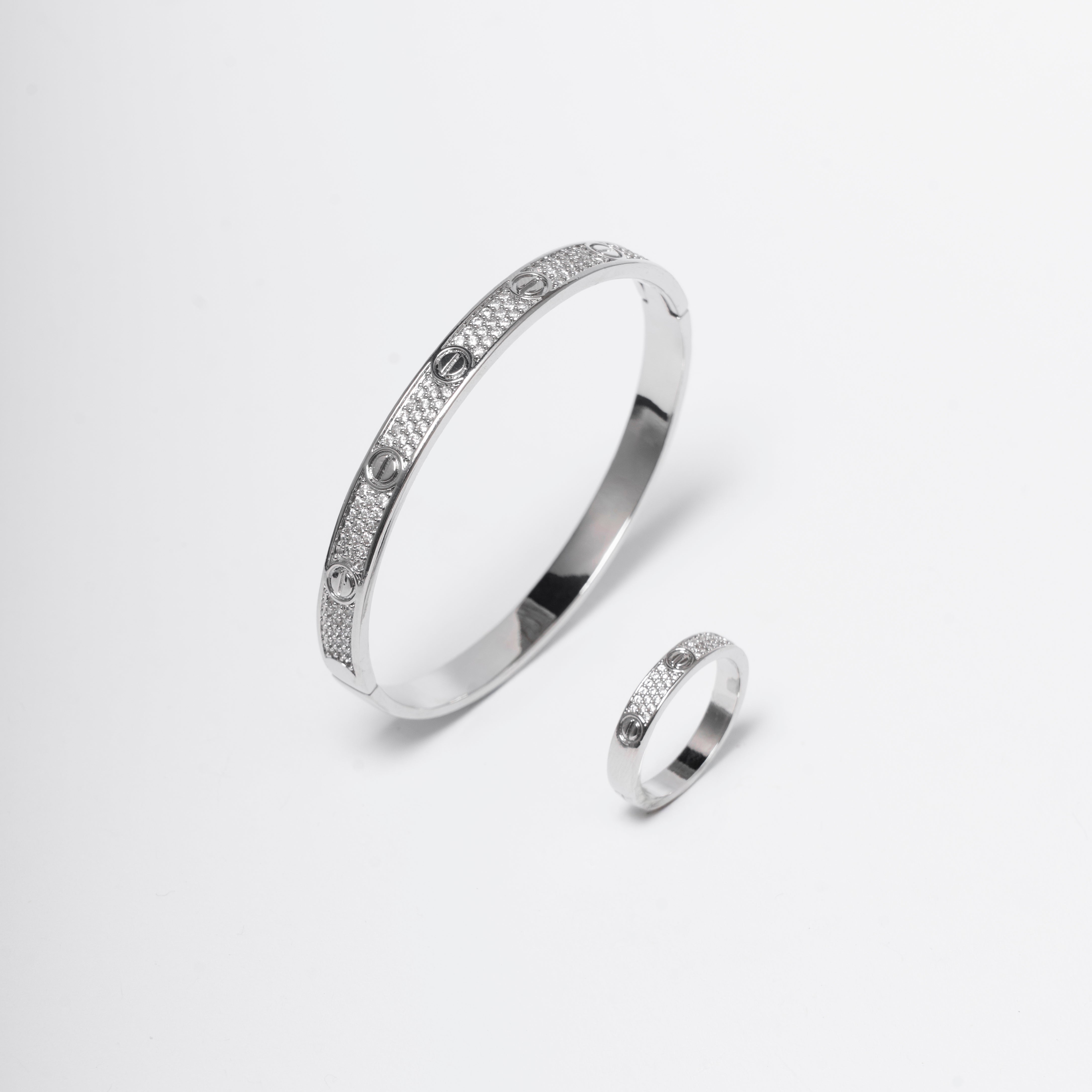 Unisex bracelet and ring set with crystals – screw luxury model | silver / gold