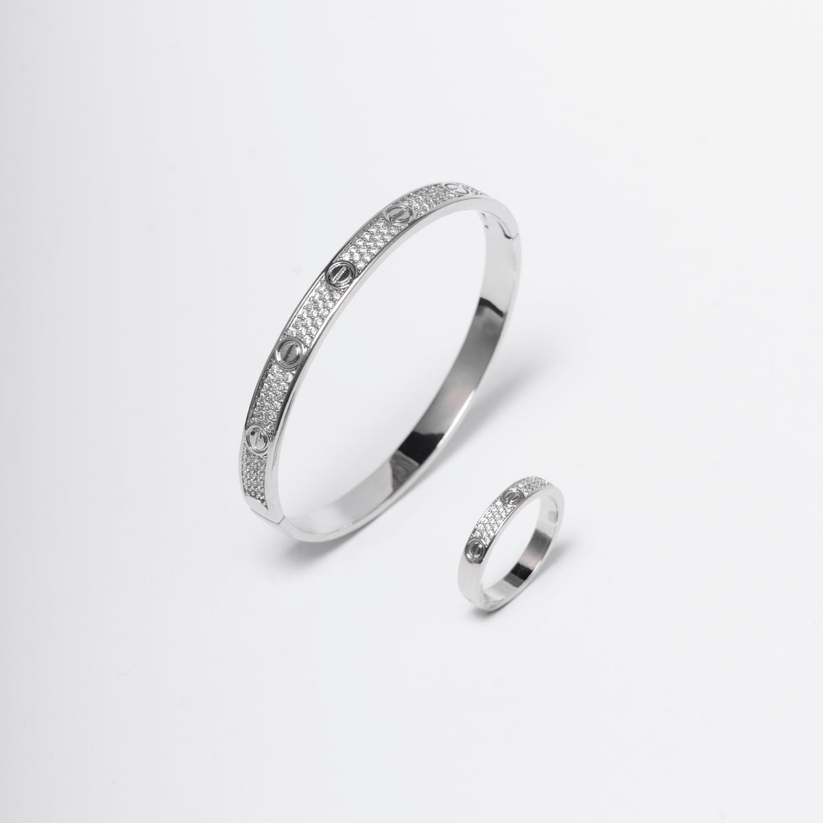 Unisex bracelet and ring set with crystals – screw luxury model | silver / gold