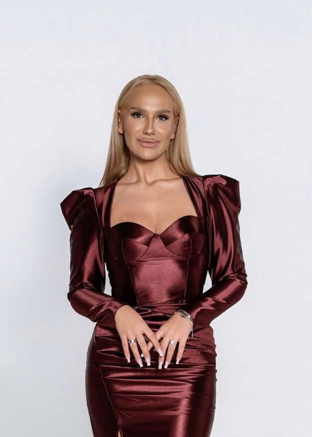 Rochie LUNEVA lunga lycra premium dens ușor elastic look spectaculos, rochie eleganta visinie mulata pe corp