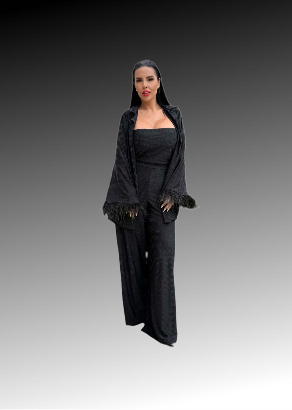 Compleu Bling Miray, set 3 piese din lycra neagră elegantă cu cristale, bustieră, pantaloni evazați și mantou fluid