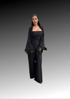 Compleu Bling Miray, set 3 piese din lycra neagră elegantă cu cristale, bustieră, pantaloni evazați și mantou fluid