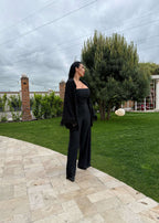 Compleu Bling Miray set 3 piese din lycra cu cristale, bustieră și pantaloni eleganți negri, model în grădină