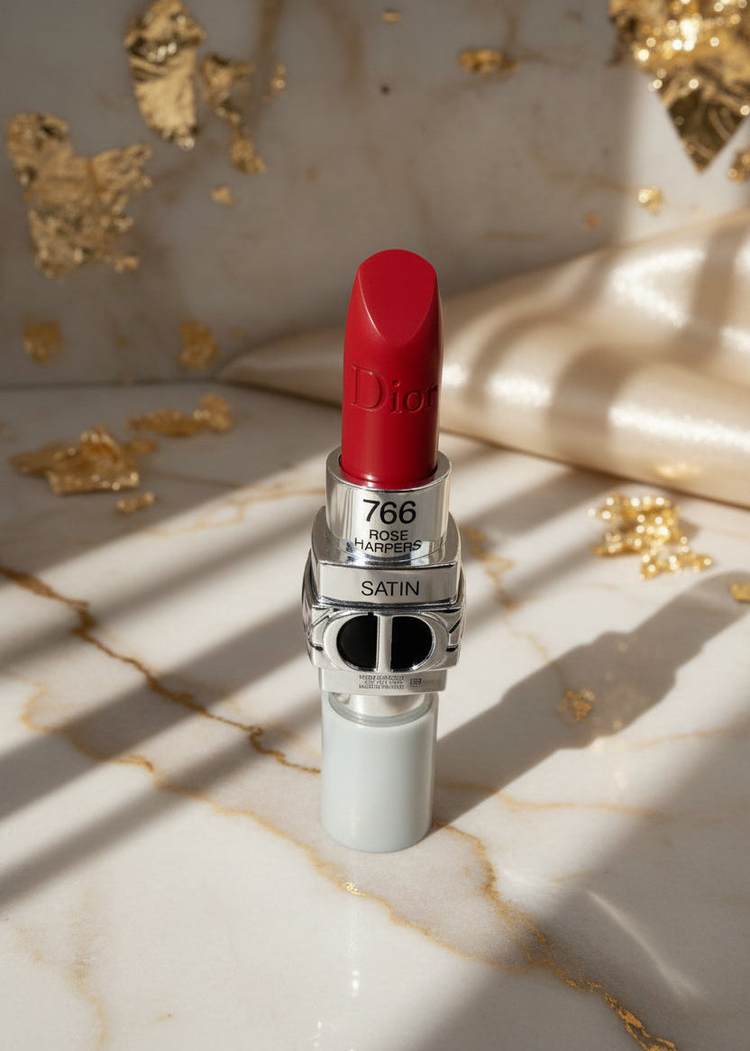 Ruj Dior Rouge Dior roșu iconic, nuanța 766, ruj de lux satin pe fundal elegant de marmură, produs beauty premium