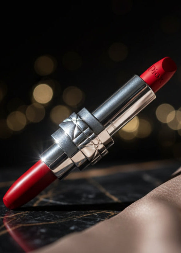 Ruj Iconic Dior Rouge Dior roșu intens, ruj de lux cu ambalaj metalic elegant pe fundal bokeh auriu