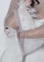 Rochie Bling DIVA din plasă cu cristale și pene albe, rochie dublă elegantă de seară pentru ocazii speciale