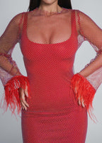 Rochie Bling DIVA roșie, plasă cu cristale și mâneci cu pene, rochie dublă elastică pentru look de seară glam