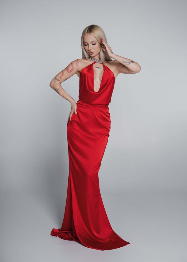 Rochie Bling Enchant din satin de matase elastic roșu cu guler bijuterie decorat cu cristale, rochie de seară elegantă