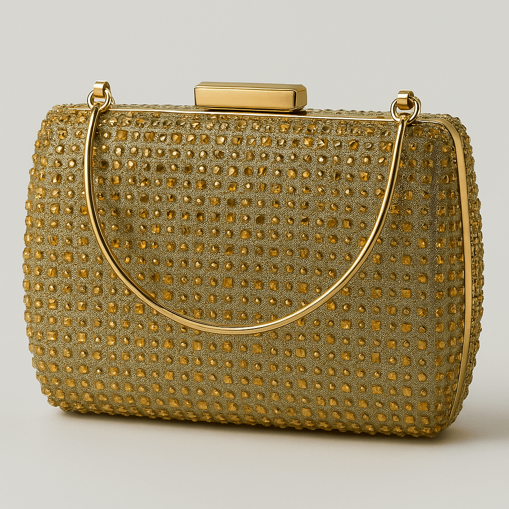 Geantă clutch aurie cu cristale geometrice, lanț detașabil și închidere metalică, perfectă pentru ținute de seară elegante.