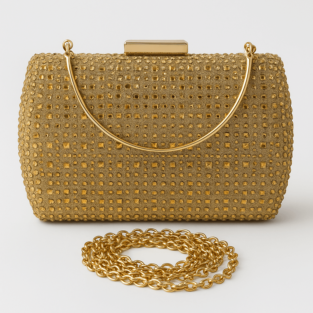 Geantă clutch aurie cu cristale geometrice, lanț detașabil, design elegant pentru ținute de seară, închidere metalică aurie.