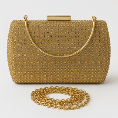 Geantă clutch aurie cu cristale geometrice, lanț detașabil, design elegant pentru ținute de seară, închidere metalică aurie.